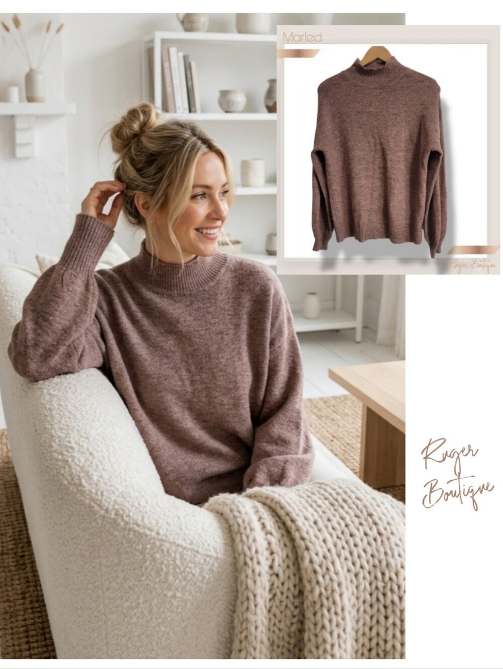 🌿Marled Knit Women's Large Soft Brown Pink Cream Crewneck Sweater